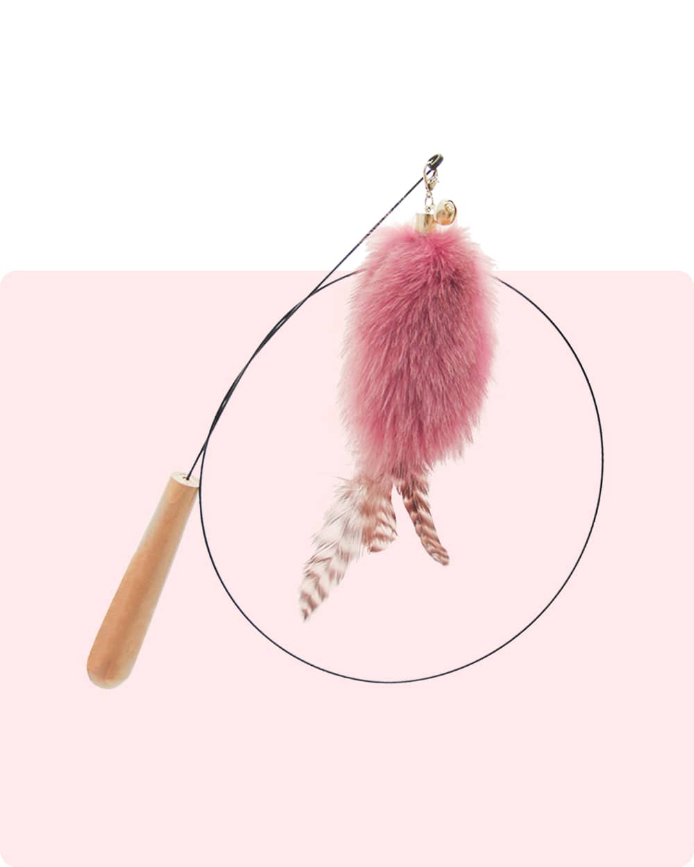 A fun, interactive toy featuring a plush pink pompom and natural feathers, perfect for stimulating your cat’s hunting instincts and providing endless entertainment.